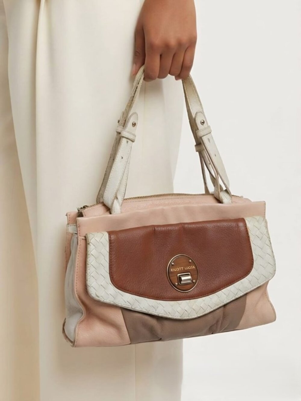 Elliott Lucca Leather Satchel Top Handle Bag Brown Cream Woven Turn Lock